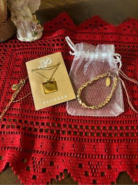 Plunder Gold-Tone Square Pendant Necklace with Gold Beaded Bracelet